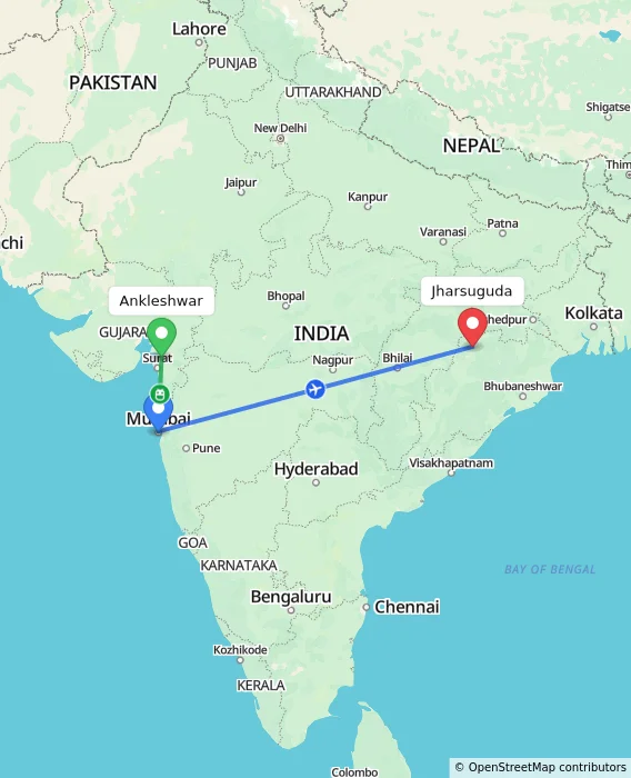 Route map showing distance and travel time from Ankleshwar, India to Jharsuguda, India