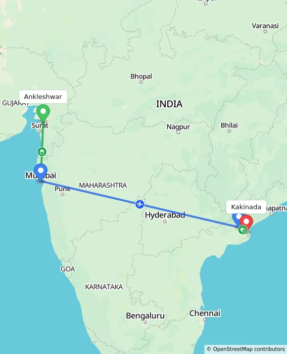 Route map showing distance and travel time from Ankleshwar, India to Kakinada, India