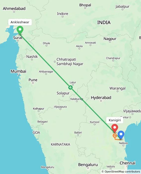 Route map showing distance and travel time from Ankleshwar, India to Kanigiri, India