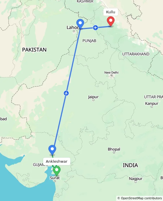 Route map showing distance and travel time from Ankleshwar, India to Kullu, India