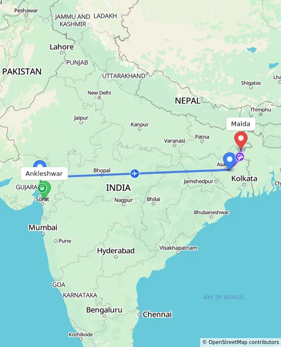Route map showing distance and travel time from Ankleshwar, India to Malda, India