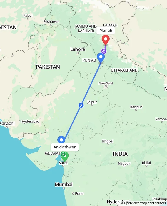 Route map showing distance and travel time from Ankleshwar, India to Manali, India