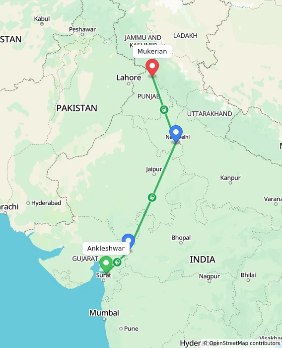 Route map showing distance and travel time from Ankleshwar, India to Mukerian, India