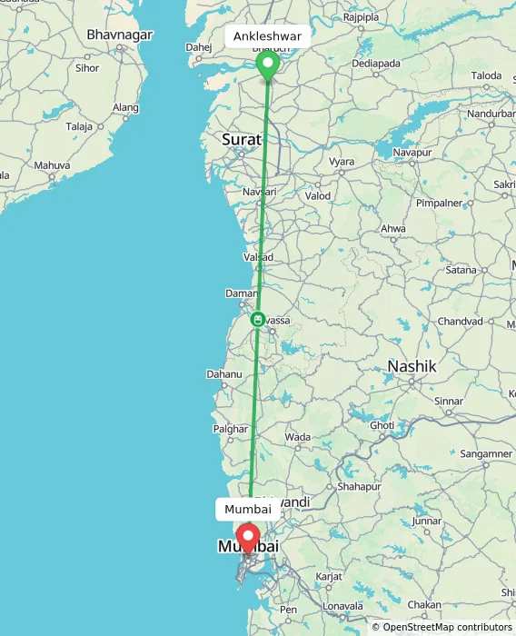 Route map showing distance and travel time from Ankleshwar, India to Mumbai, India