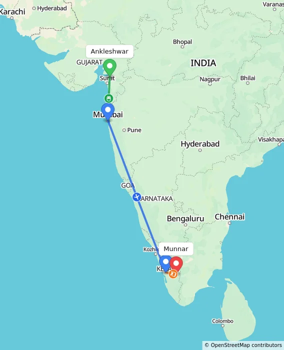 Route map showing distance and travel time from Ankleshwar, India to Munnar, India