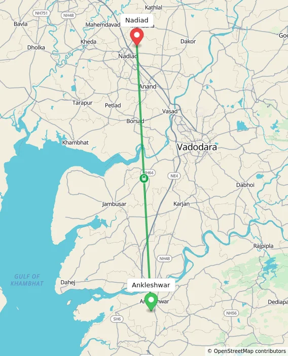 Route map showing distance and travel time from Ankleshwar, India to Nadiad, India