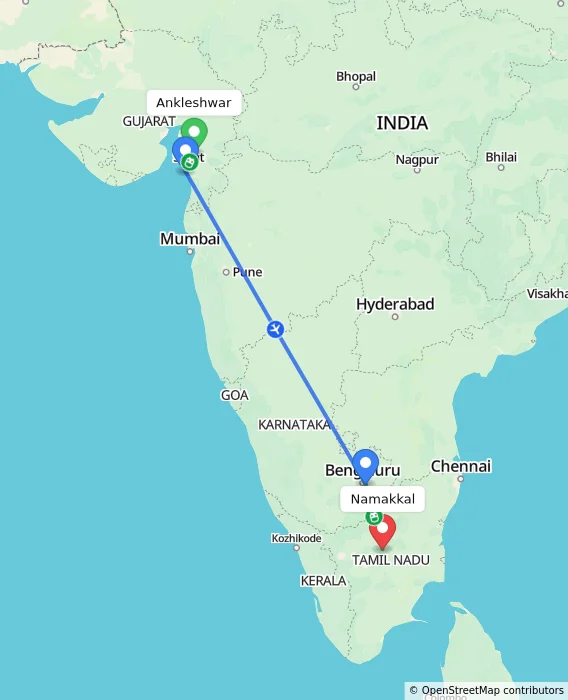 Route map showing distance and travel time from Ankleshwar, India to Namakkal, India