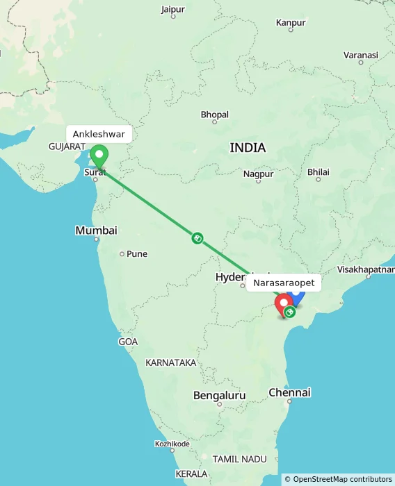 Route map showing distance and travel time from Ankleshwar, India to Narasaraopet, India