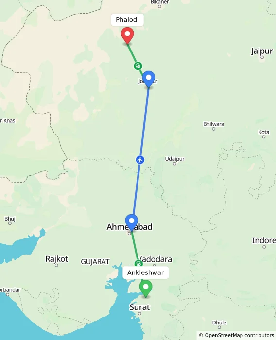 Route map showing distance and travel time from Ankleshwar, India to Phalodi, India