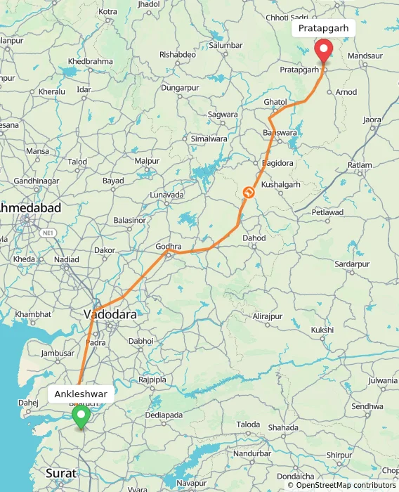 Route map showing distance and travel time from Ankleshwar, India to Pratapgarh, India