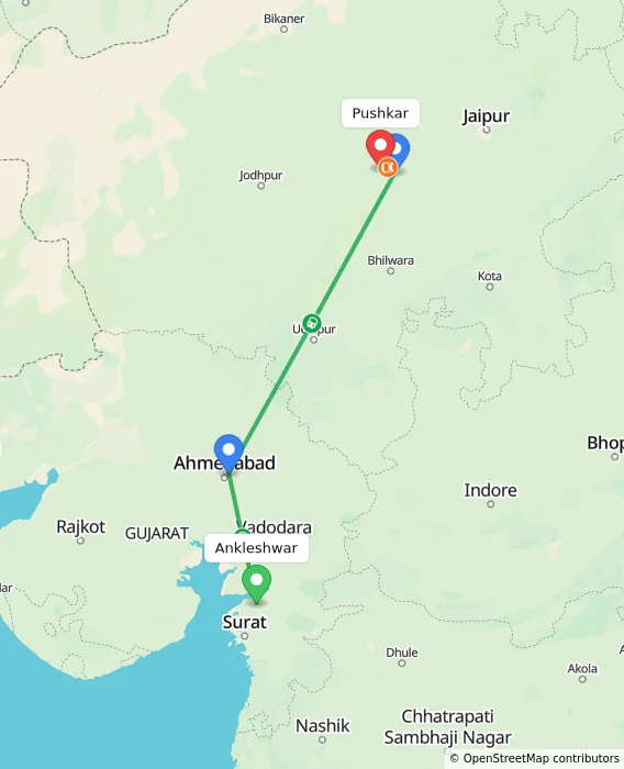 Route map showing distance and travel time from Ankleshwar, India to Pushkar, India