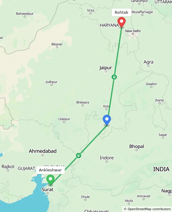Route map showing distance and travel time from Ankleshwar, India to Rohtak, India