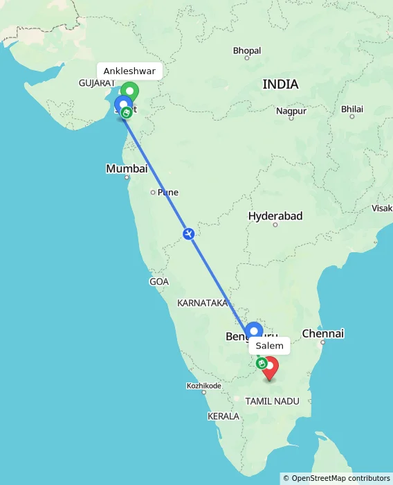 Route map showing distance and travel time from Ankleshwar, India to Salem, India