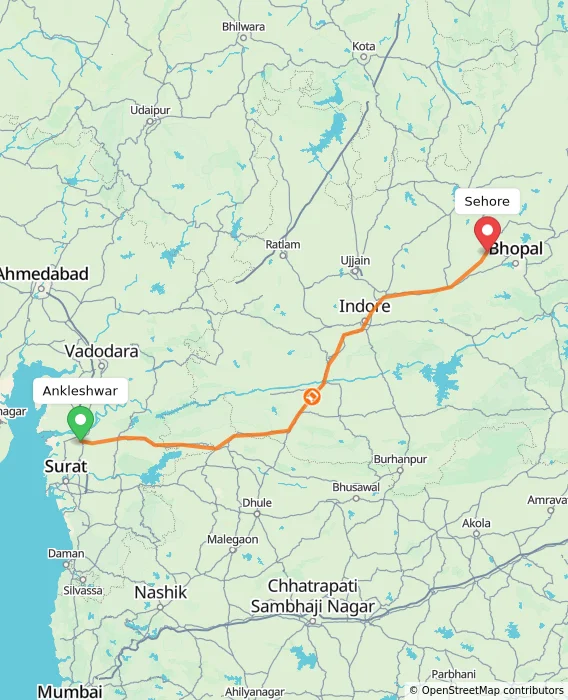 Route map showing distance and travel time from Ankleshwar, India to Sehore, India