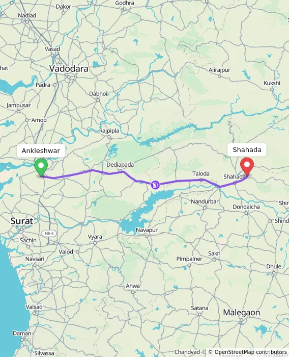 Route map showing distance and travel time from Ankleshwar, India to Shahada, India