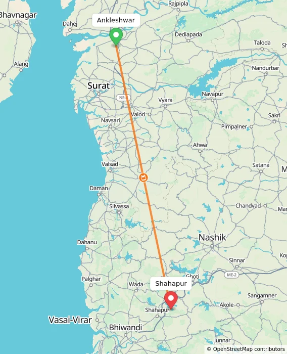 Route map showing distance and travel time from Ankleshwar, India to Shahapur, India