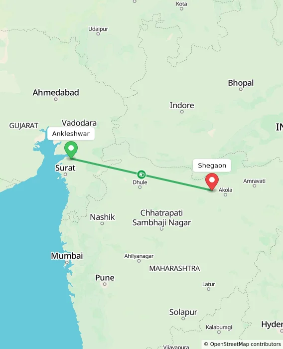 Route map showing distance and travel time from Ankleshwar, India to Shegaon, India