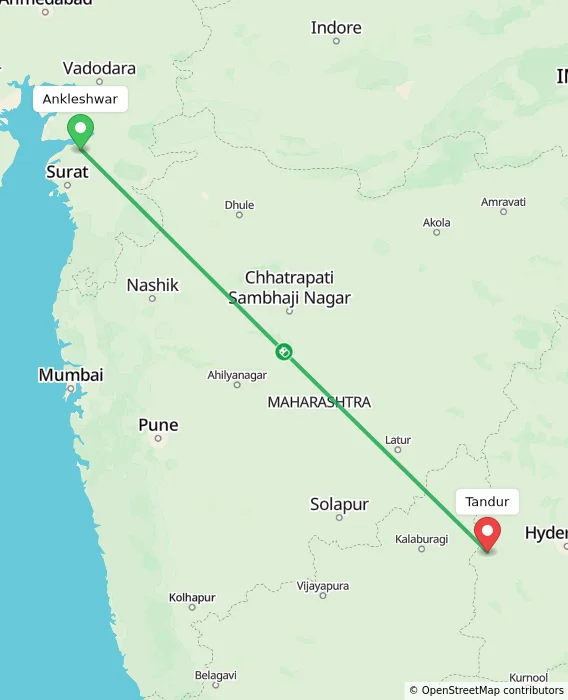Route map showing distance and travel time from Ankleshwar, India to Tandur, India