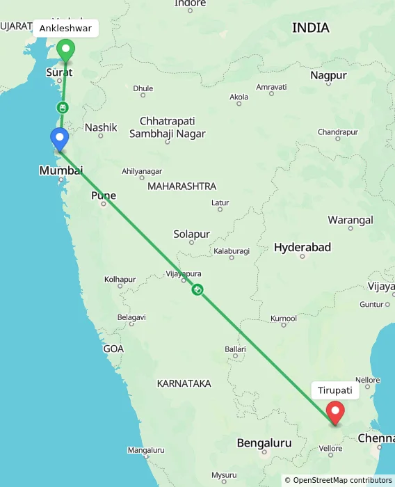 Route map showing distance and travel time from Ankleshwar, India to Tirupati, India