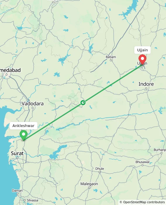 Route map showing distance and travel time from Ankleshwar, India to Ujjain, India