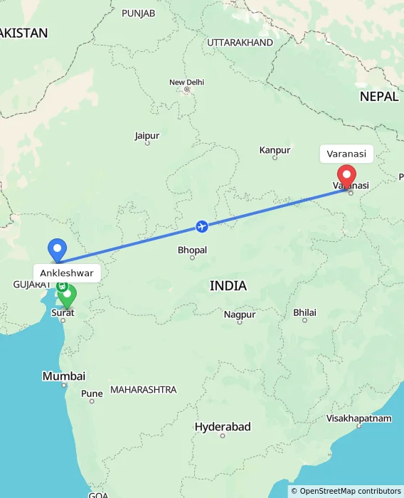 Route map showing distance and travel time from Ankleshwar, India to Varanasi, India
