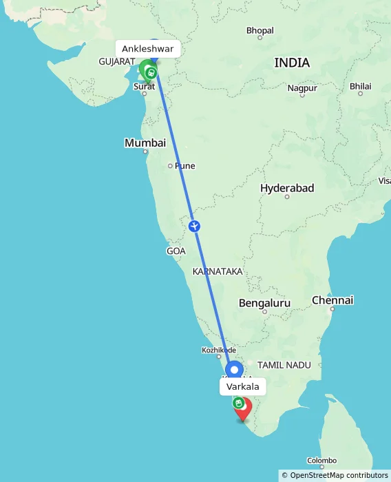Route map showing distance and travel time from Ankleshwar, India to Varkala, India