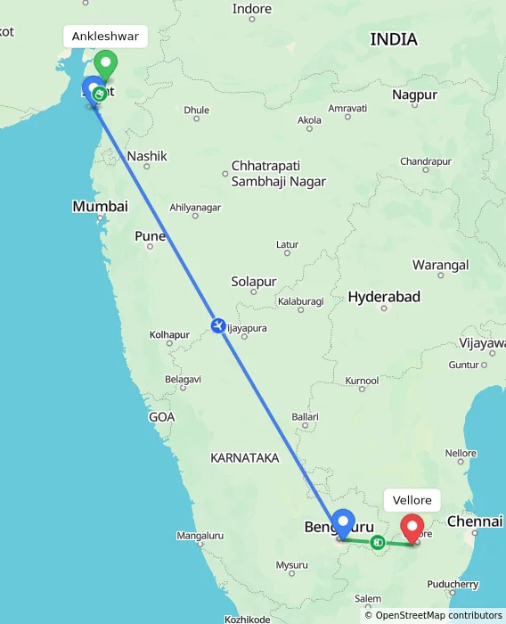 Route map showing distance and travel time from Ankleshwar, India to Vellore, India