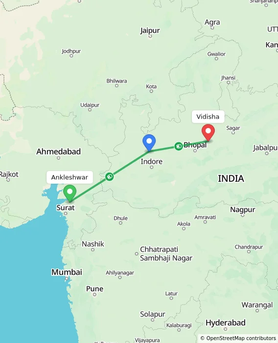 Route map showing distance and travel time from Ankleshwar, India to Vidisha, India