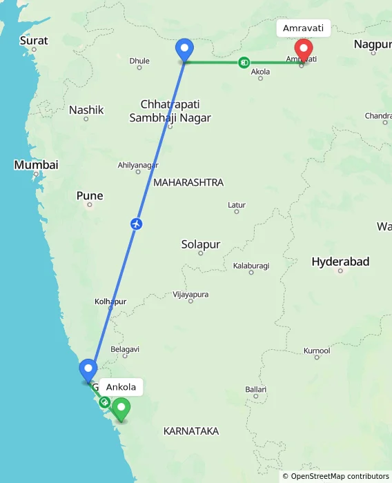 Route map showing distance and travel time from Ankola, India to Amravati, India