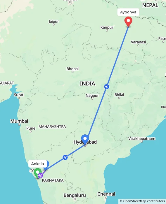 Route map showing distance and travel time from Ankola, India to Ayodhya, India