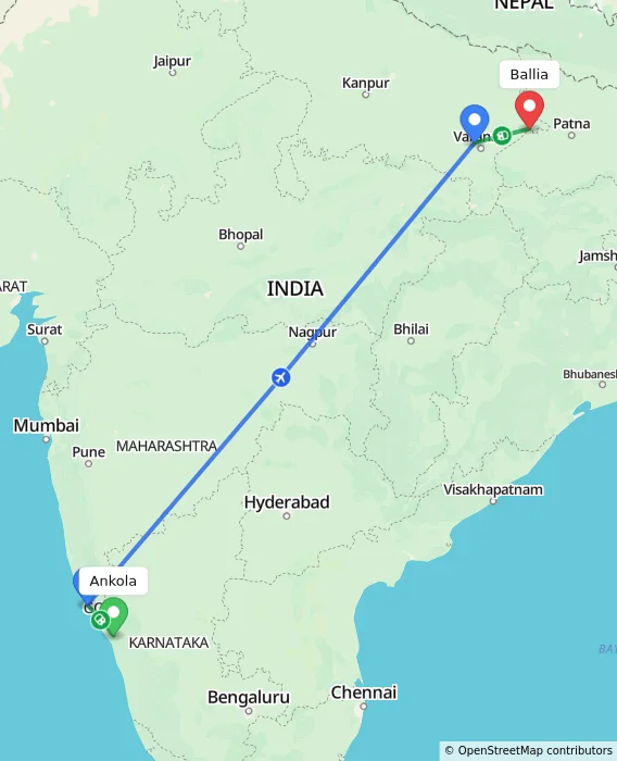 Route map showing distance and travel time from Ankola, India to Ballia, India