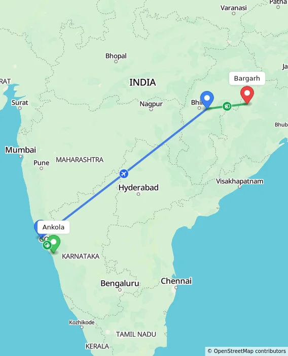 Route map showing distance and travel time from Ankola, India to Bargarh, India