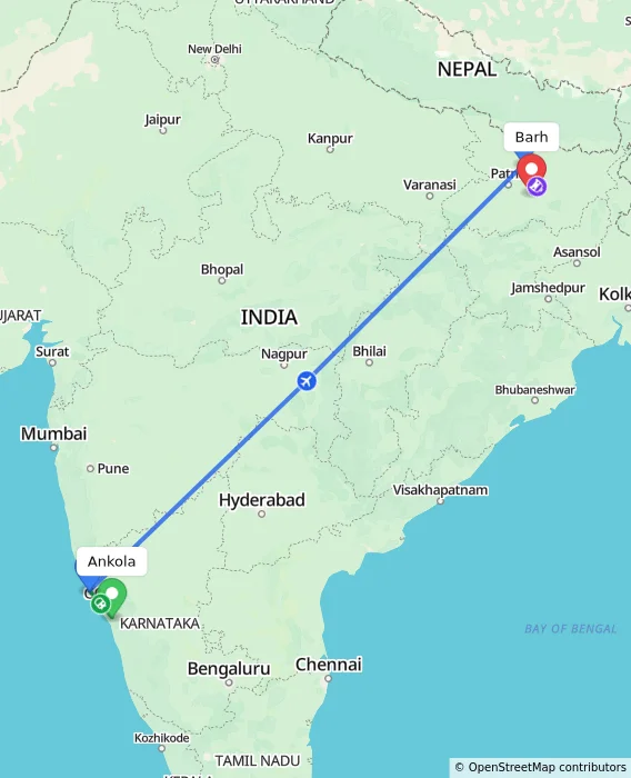 Route map showing distance and travel time from Ankola, India to Barh, India