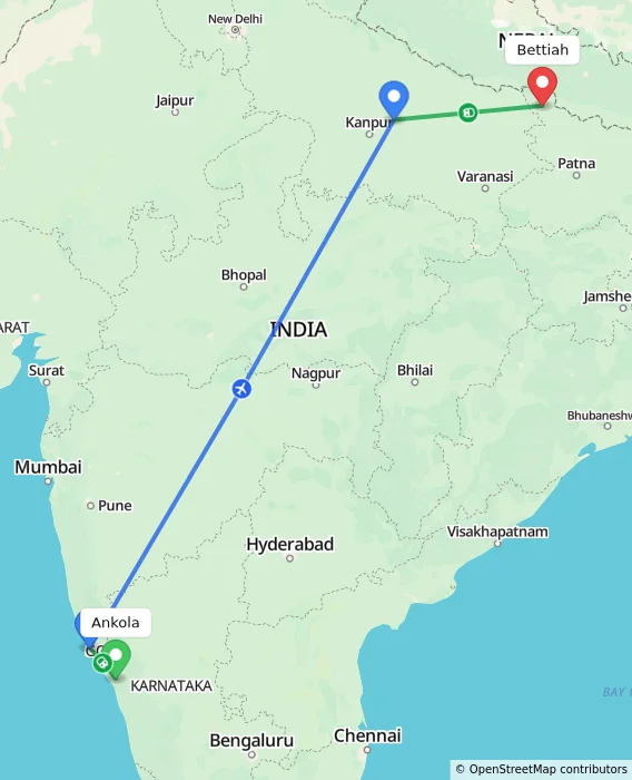 Route map showing distance and travel time from Ankola, India to Bettiah, India