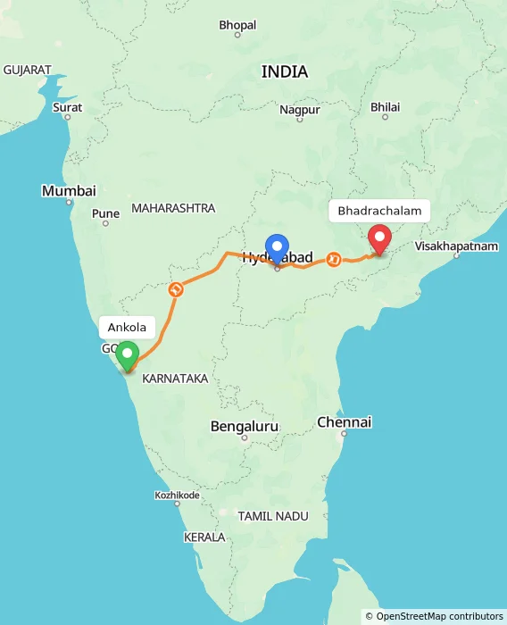 Route map showing distance and travel time from Ankola, India to Bhadrachalam, India