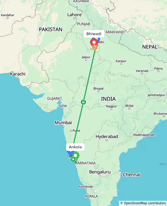 Route map showing distance and travel time from Ankola, India to Bhiwadi, India