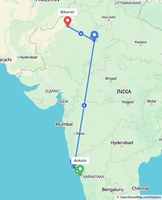 Route map showing distance and travel time from Ankola, India to Bikaner, India