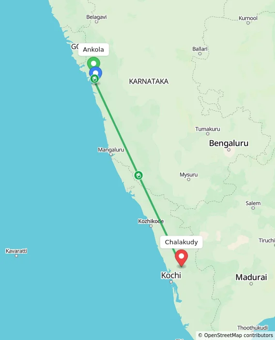 Route map showing distance and travel time from Ankola, India to Chalakudy, India
