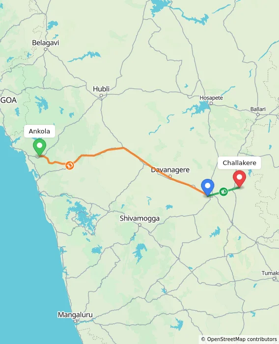 Route map showing distance and travel time from Ankola, India to Challakere, India