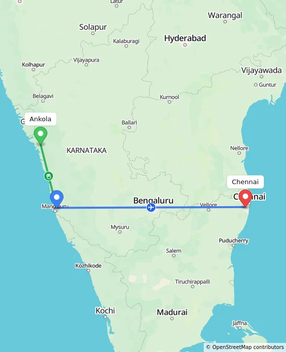 Route map showing distance and travel time from Ankola, India to Chennai, India
