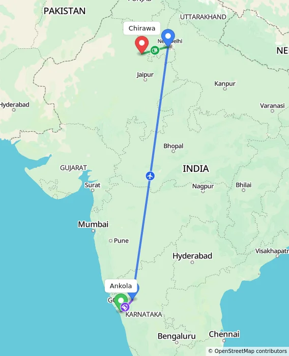 Route map showing distance and travel time from Ankola, India to Chirawa, India