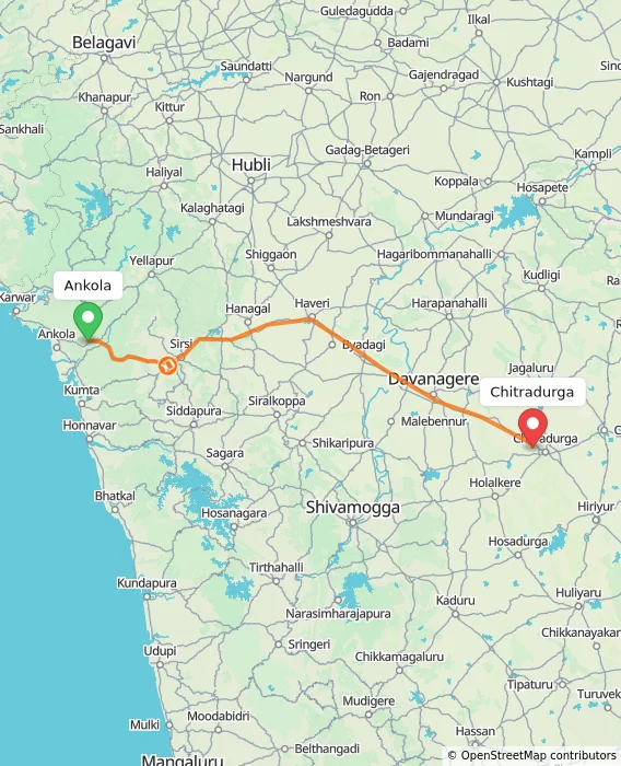 Route map showing distance and travel time from Ankola, India to Chitradurga, India