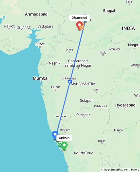 Route map showing distance and travel time from Ankola, India to Dhamnod, India