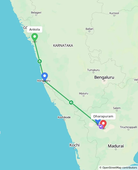 Route map showing distance and travel time from Ankola, India to Dharapuram, India