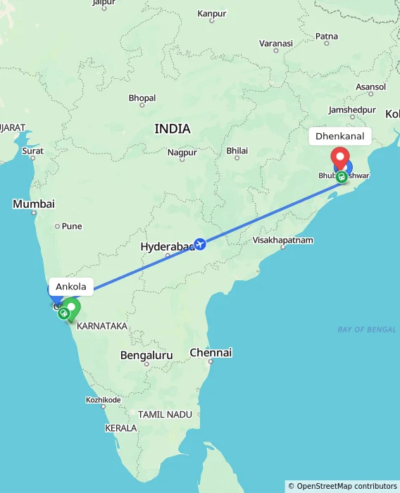 Route map showing distance and travel time from Ankola, India to Dhenkanal, India