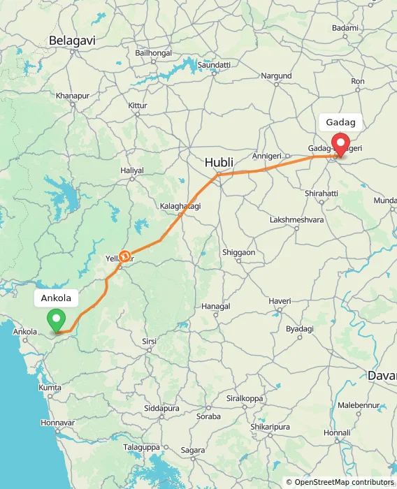 Route map showing distance and travel time from Ankola, India to Gadag, India