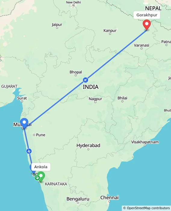 Route map showing distance and travel time from Ankola, India to Gorakhpur, India