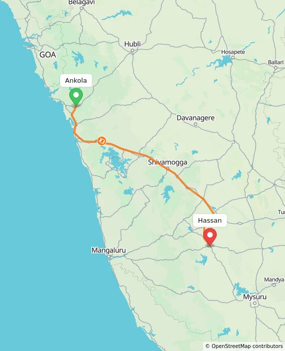 Route map showing distance and travel time from Ankola, India to Hassan, India