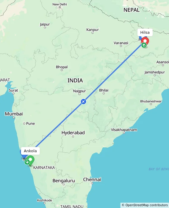 Route map showing distance and travel time from Ankola, India to Hilsa, India