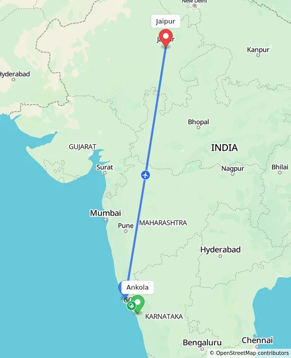 Route map showing distance and travel time from Ankola, India to Jaipur, India